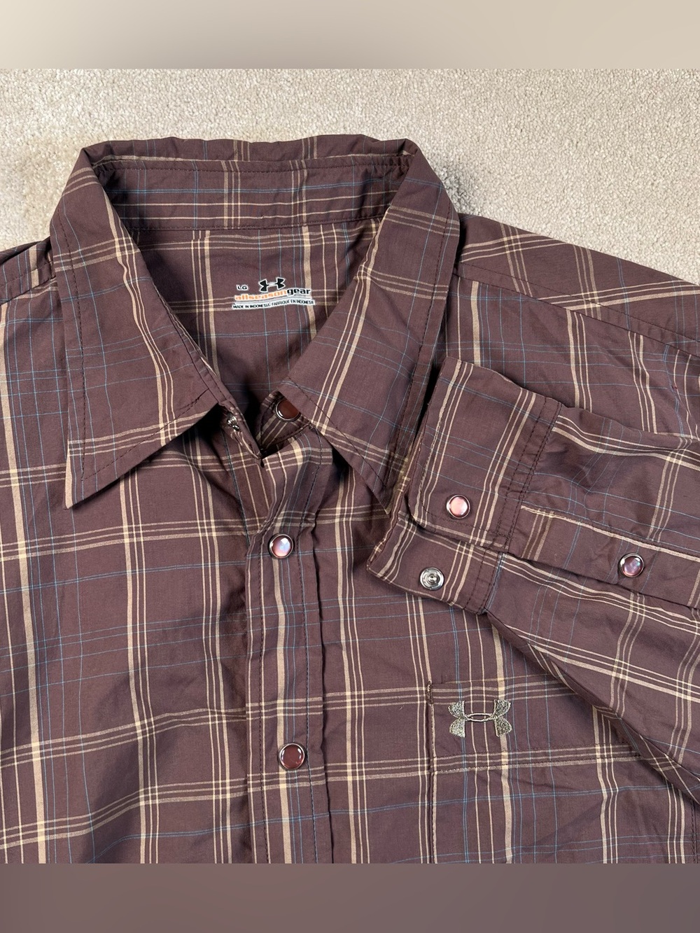 Urderarmour Pearl Snap Plaid Brown All Season Gear Lightweight 100% Nylon Mens L